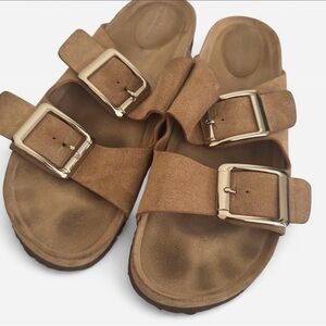 Madden Girl Tan Sandals with Gold Buckles